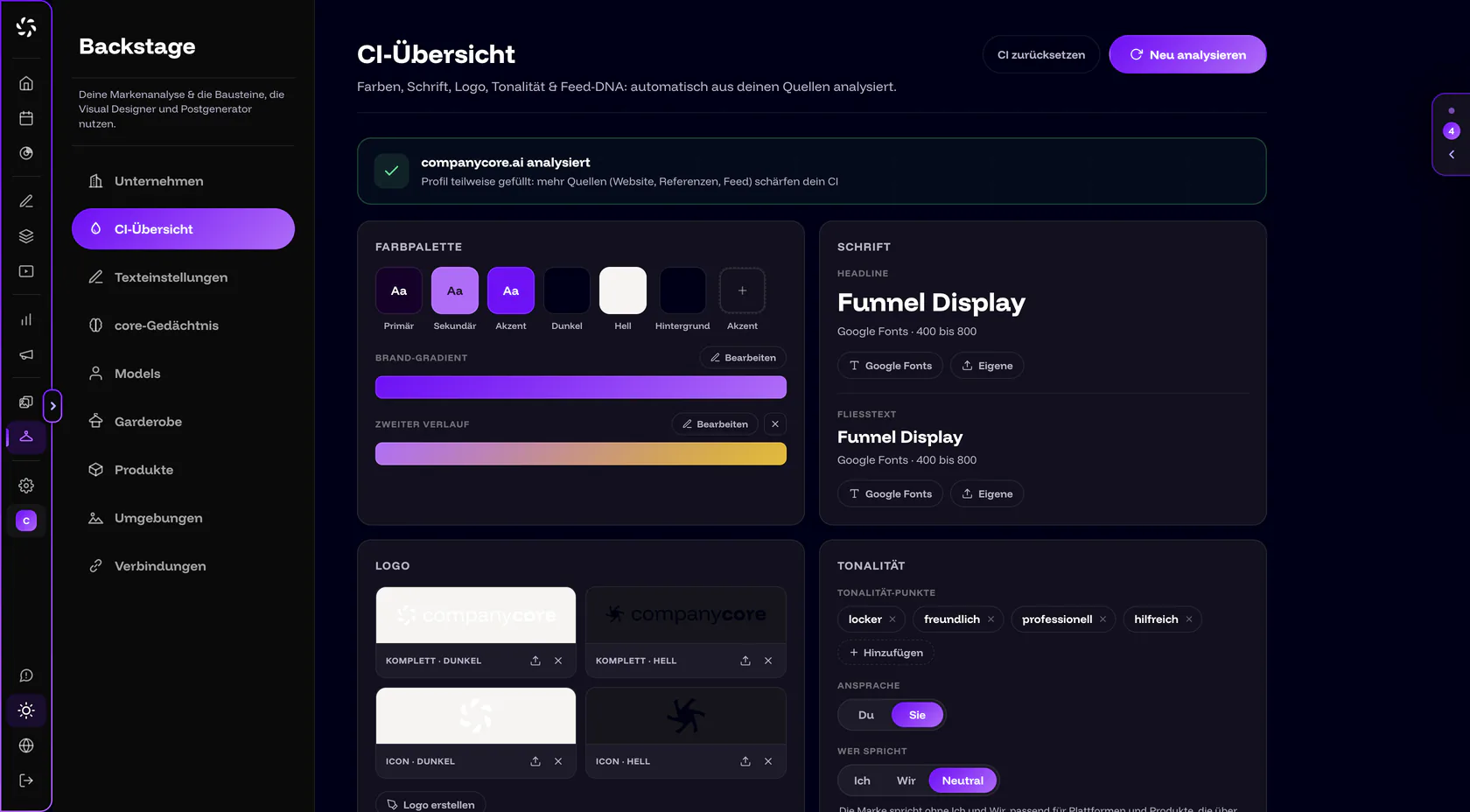 Backstage › CI Overview after the analysis, with the cards Color palette, Font with Headline and Body text, Logo with four slots, and Tone of voice with Tone points, Address and Who speaks
