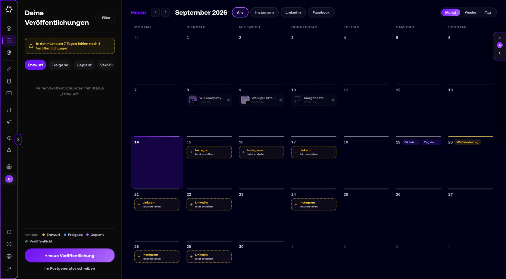 Calendar in September 2026, month view: on the left the notice “4 publications still missing in the next 7 days” and the status segments, in the grid posts and dashed suggestion tiles “Create now”