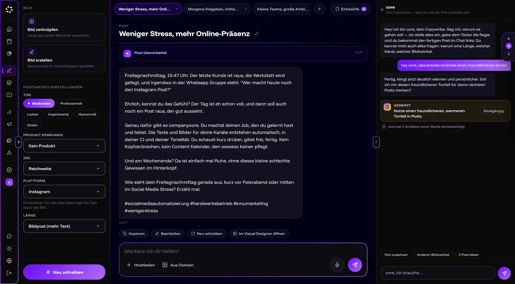 The Post Generator in companycore: settings with tone, goal, platform and length on the left, a finished Instagram text with draft tabs above it in the middle, the chat with core on the right