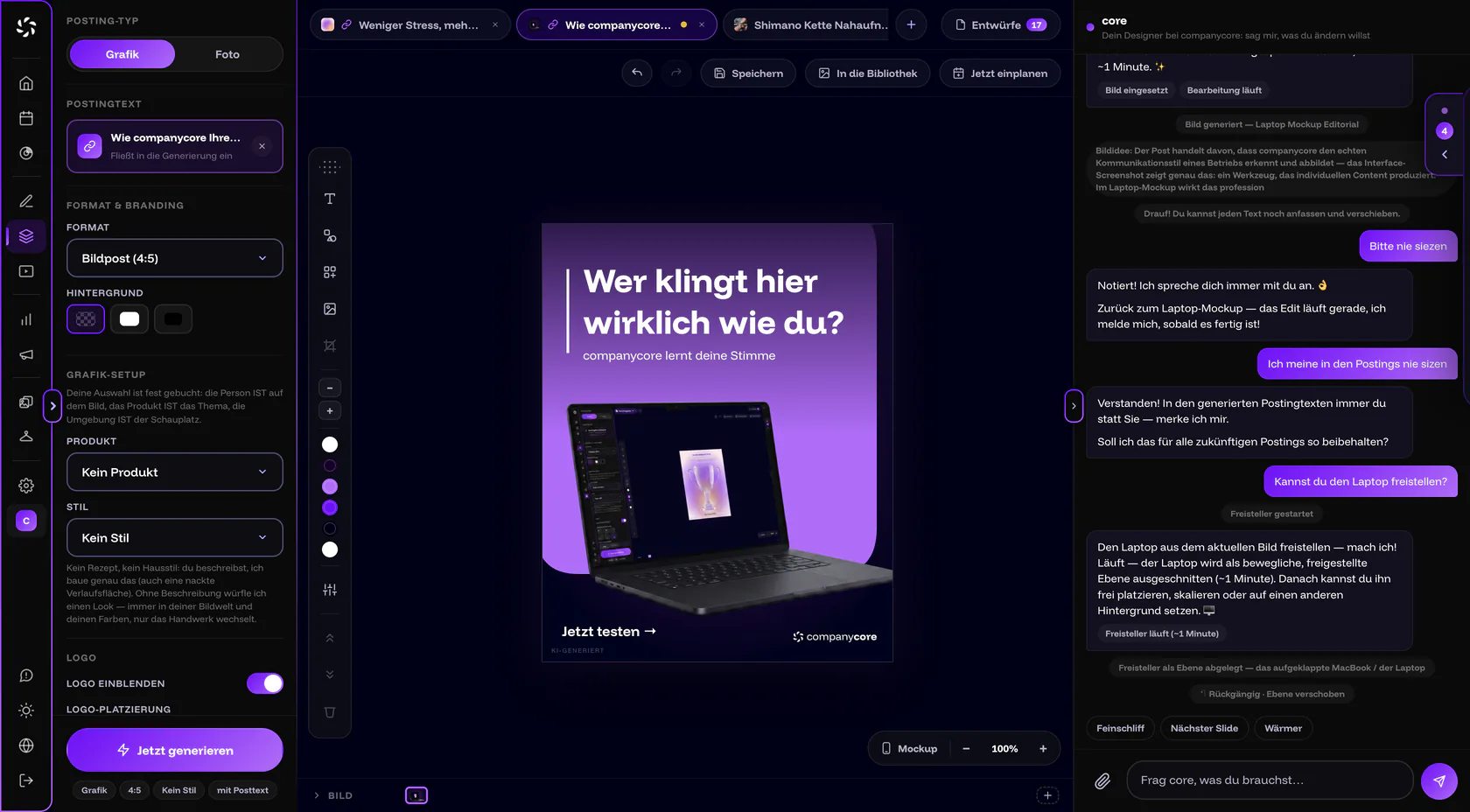 Visual Designer in companycore: posting type, format and style on the left, the stage with an Instagram portrait post and the toolbar in the middle, the chat with core on the right